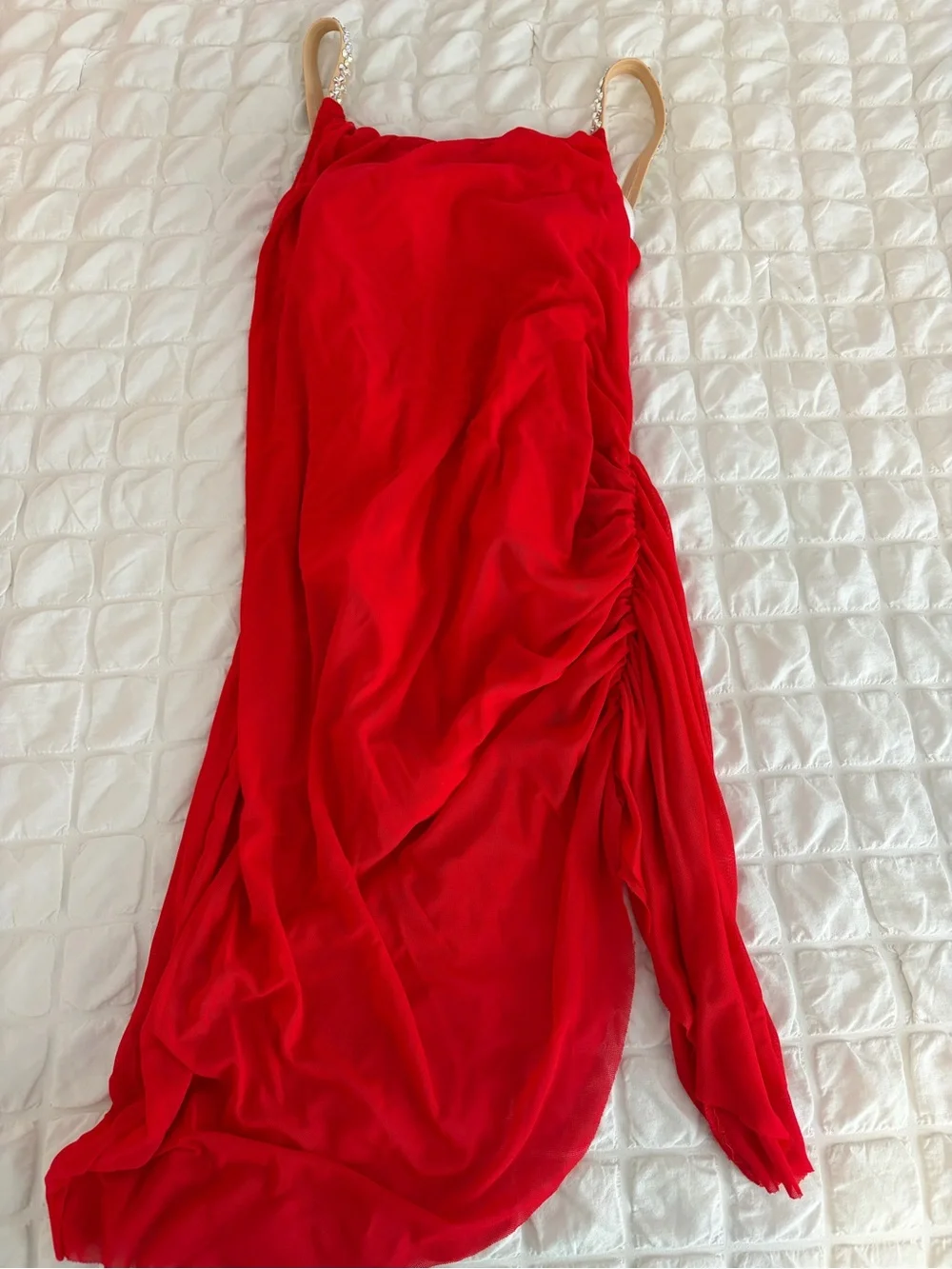 Red Draped Dance Dress with custom Rhinestone Straps.